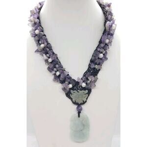 Vintage Necklace Amethyst Genuine Pearl Jade Elephant & Butterfly Pendants